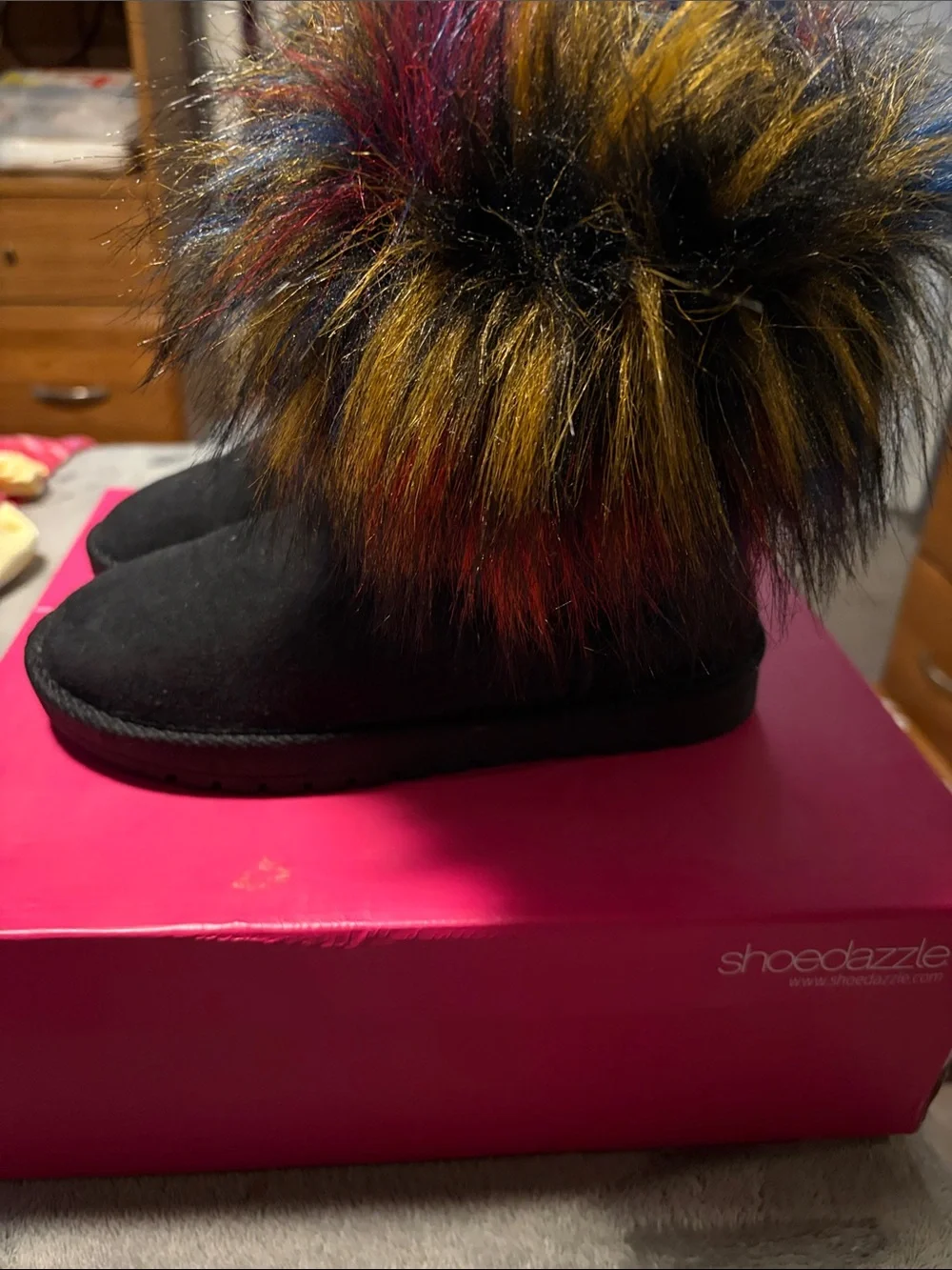 Shoe Dazzle Kids Black Boots with Multicolor Faux Fur Cuff
